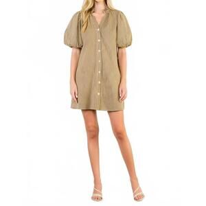 NEW THML puff sleeve striped button dress in beige